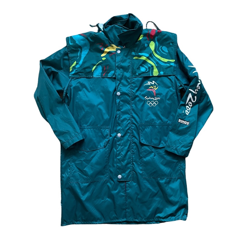 Sydney 2000 Olympics Rain Coat Jacket BONDS Mens Sz M Green Zip Snap Hooded
